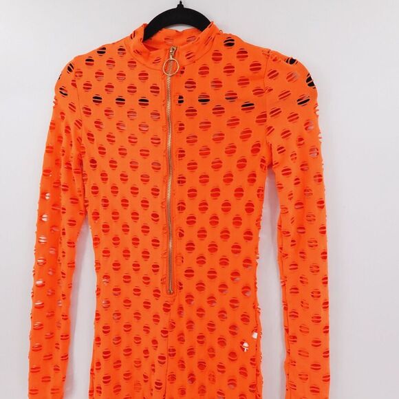 Womens Fishnet Jumpsuit Size XS / S Orange Juicy Lavish Lush Cosplay Halloween - Picture 3 of 14